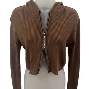 Brandy Melville Arden Hoodie Brown Zip Up Cropped Long Sleeve Sweater John Galt